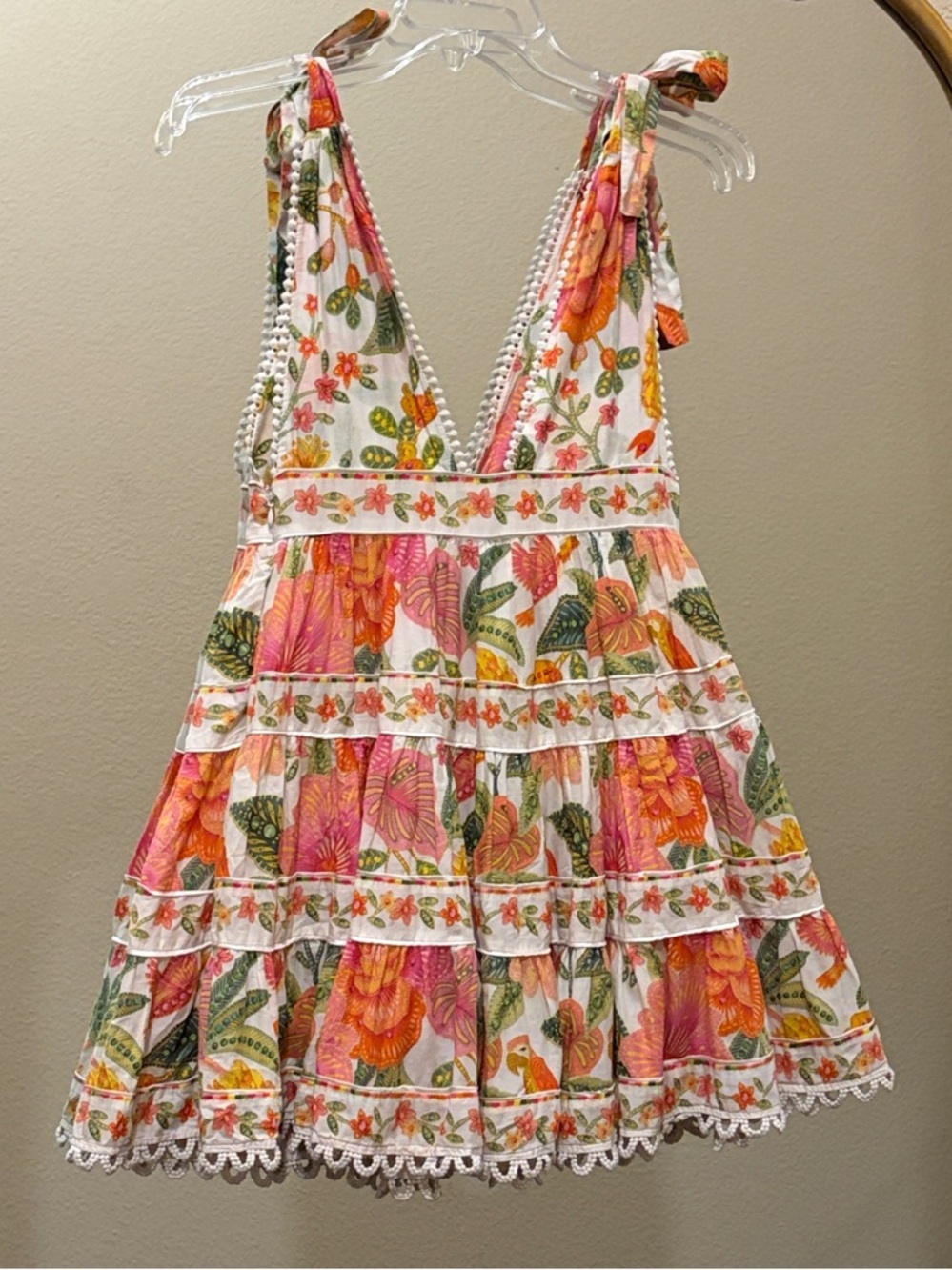 FARM Rio Macaw Bloom Tie-Strap Tiered Floral Print Mini Dress Size M - Picture 5 of 12